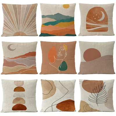 Geometrische Boho Böhmen Kissen Sonne Und Mond Landschaft Kissen Blätter Werfen Leinen Kissenbezug Image