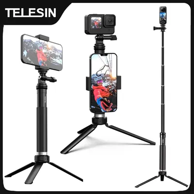 TELESIN Für GoPro Selfie Stick 360° ° Rotation faltbarer Stativ-Telefonhalter aus Aluminiumlegierung Einbeinstativ für DJI Insta360 Smartphone