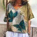Damen T-Shirt Sommer V-Ausschnitt Schmetterling T-Shirts drucken neue charmante Tops große bequeme