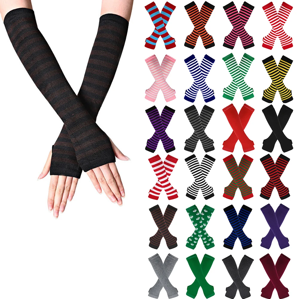 Mode Frauen Emo Handschuhe Dame Gestreifte Ellenbogen Handschuhe Wärmer Gestrickte Lange Fingerlose Handschuhe Ellenbogen Fäustlinge Weihnachten Acces Geschenke Image