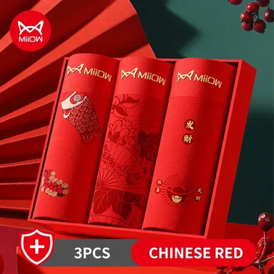 MiiOW 3Pcs Chinared Männer Unterwäsche Baumwolle Boxer Shorts Weiche Atmungsaktive Boxershorts Badehose Auspicious Print Glück Männliche Unterhose Image