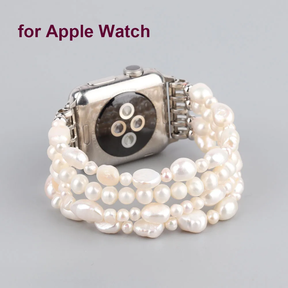 True Pearl Uhrenarmband für Apple Watch 9 8 Band, natürliche Perlen, iWatch 7 SE, Damen-Armband, elastischer Ersatz, 41 mm, 45 mm, 44 mm Image