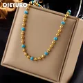 DIEYURO 316L Edelstahl Gold Farbe Blau Perlen Halskette Für Frauen Neue Vintage Mädchen Choker Kette