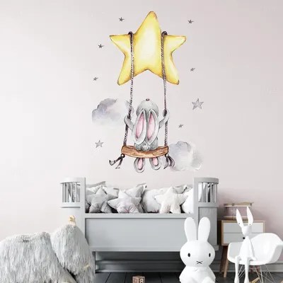 Hase Baby Kinderzimmer Wandaufkleber Cartoon Kaninchen Schaukel auf den Sternen Wandtattoos für Image
