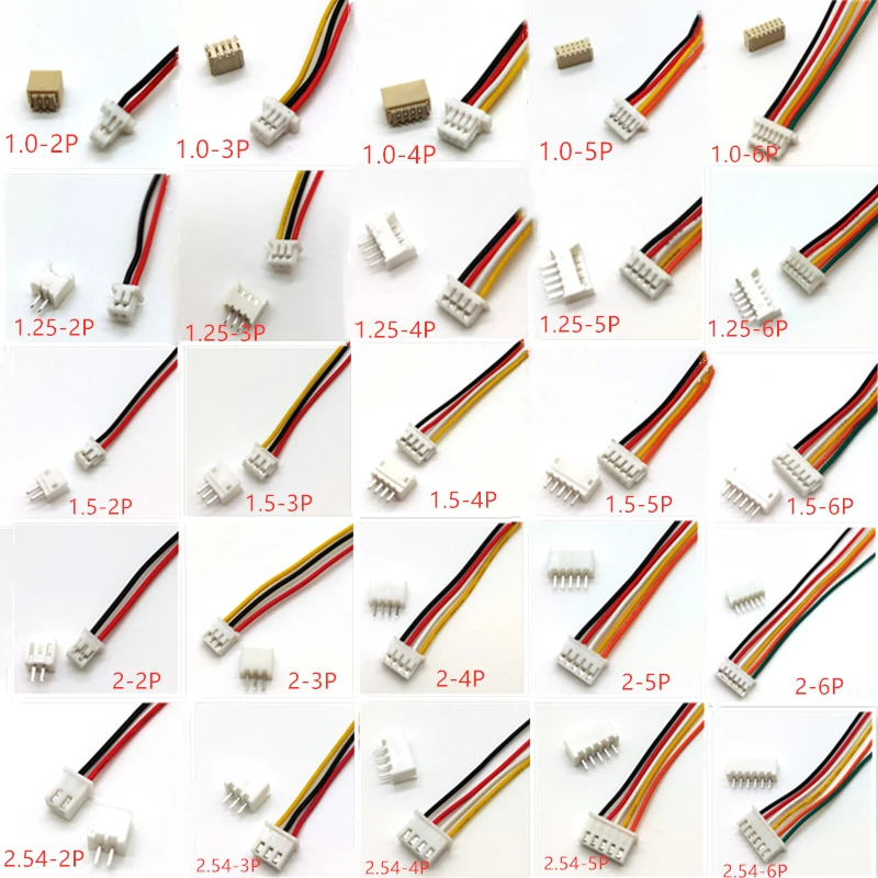 10Sets SH1.0 JST1.25 ZH1.5 PH2.0 XH2.54 Stecker Weiblich + Männlich 2/3/4/5/6/7/8/9/10P Stecker Mit Kabel 10/20/30cm Image