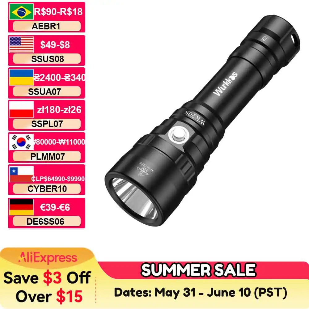 Wurkkos WK20S Leistungsstarke Tauchtaschenlampe, IPX8, wasserdicht, Tauchlicht, wiederaufladbar, max. 2000 Lumen, SST40 HD LED, 4 Modi Image
