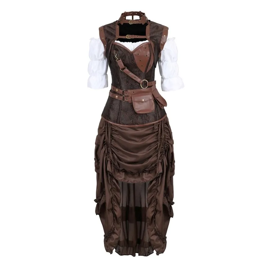 Frauen Steampunk Korsett Kleid Piraten Hemd Gothic Korsett Dessous Top Burlesque Unregelmäßigen Rock Halloween Kostüm Plus Größe S-6XL Image