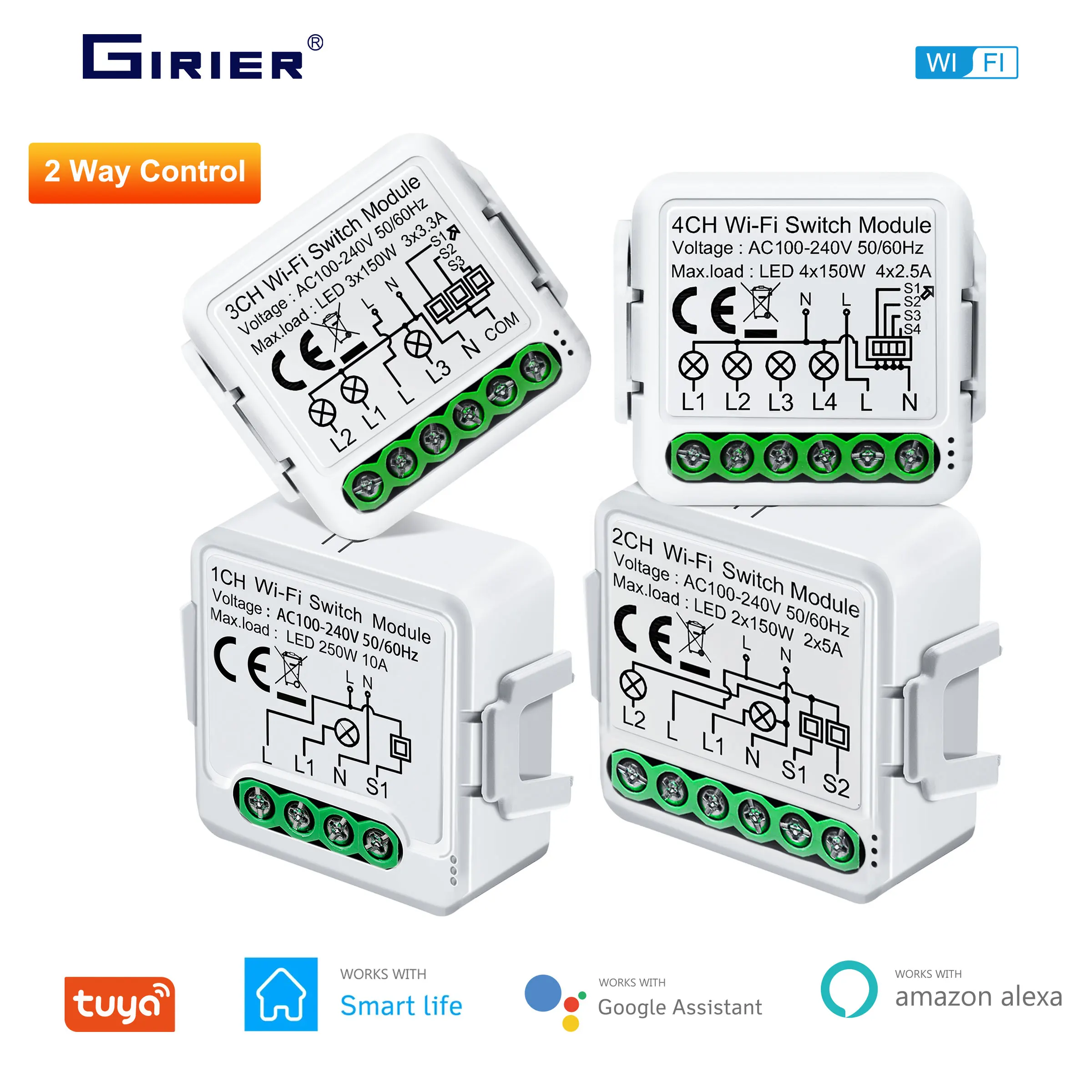 Tuya Wifi Smart Switch Modul unterstützt 2-Wege-Steuerung, App-Fernbedienung DIY Lichtschalter 100–240 V, funktioniert mit Alexa Google Home Image