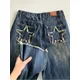 Frauen Blau Breite Bein Jeans Stern Tasche Vintage Gerade Hosen Hohe Taille Baggy Streetwear Casual