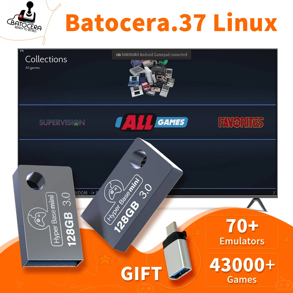 Tragbare 128 GB USB 3.0-Festplattenbatocera 37.linux 70+ Emulatoren 43000+ Retro-Spiele für PS3/PS2/XBOX/Wii/MAME/SS/N64 für Windows 8–11