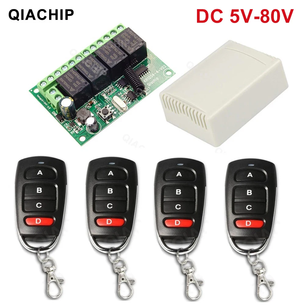 Qiachip 433,92 mhz dc 5v 12v 24v 48v 10a 4ch relais modul empfänger ev1527 drahtloser fernbedienung schalter 433mhz für dc motor diy Image
