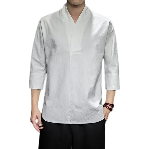 Shirts Männer Solide Pullover V Neck Drei Viertel Herren Kimono Shirts Traditionellen Streetwear