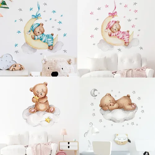 Cartoon Teddybär Mond Wand Aufkleber für Kinderzimmer Baby Kinderzimmer Dekor Aufkleber Tapeten