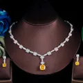 ThreeGraces Elegante Gelb CZ Kristall Silber Farbe Großen Platz Tropfen Ohrringe Halskette Hochzeit