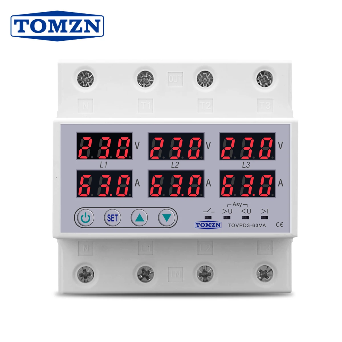TOMZN 3-Phasen 3P+N DIN-Schienen-Voltmeter-Amperemeter Einstellbarer Über- und Unterspannungs-Strombegrenzungsschutz Überwachungsrelais-Schutzgerät Image