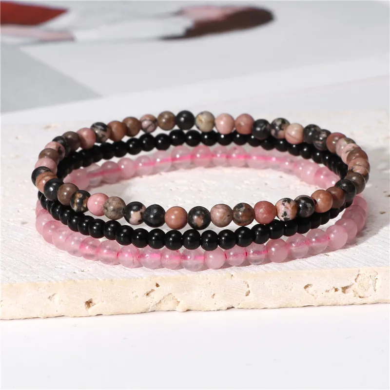 3 Teile/satz 4mm Naturstein Armband Rosa Quarz Jaspis Rhodonit Perlen Armbänder Für Frauen Männer Schmuck Geschenk Healing Energie Image