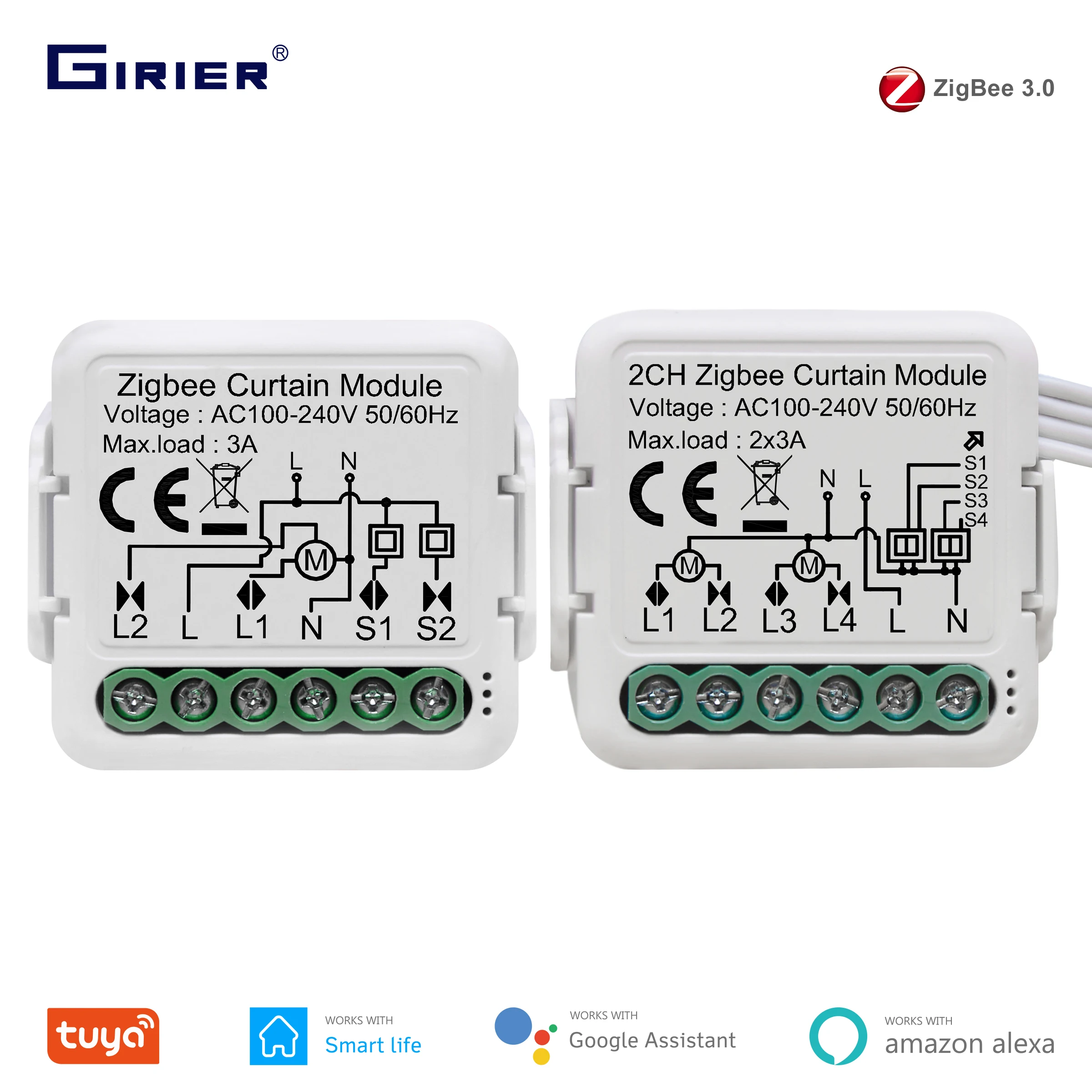 GIRIER Tuya ZigBee 3.0 Smart Vorhangschaltermodul für Rollos, Rollladen, Elektromotor, 1/2 Gang, funktioniert mit Alexa Google Home