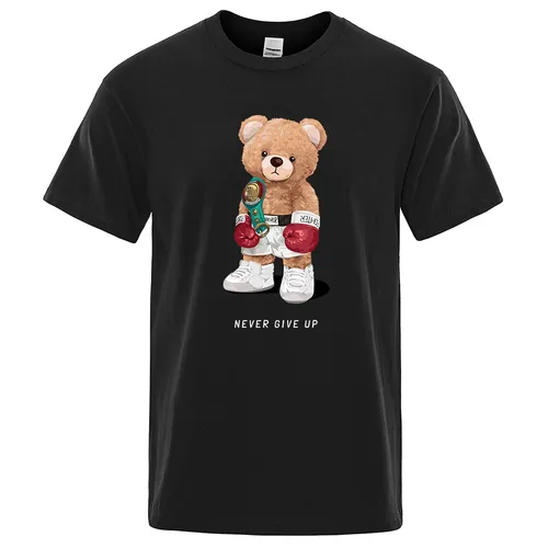 Starker Boxer Teddybär nie aufgeben Druck lustige T-Shirt Männer Baumwolle lässig kurze Ärmel lose