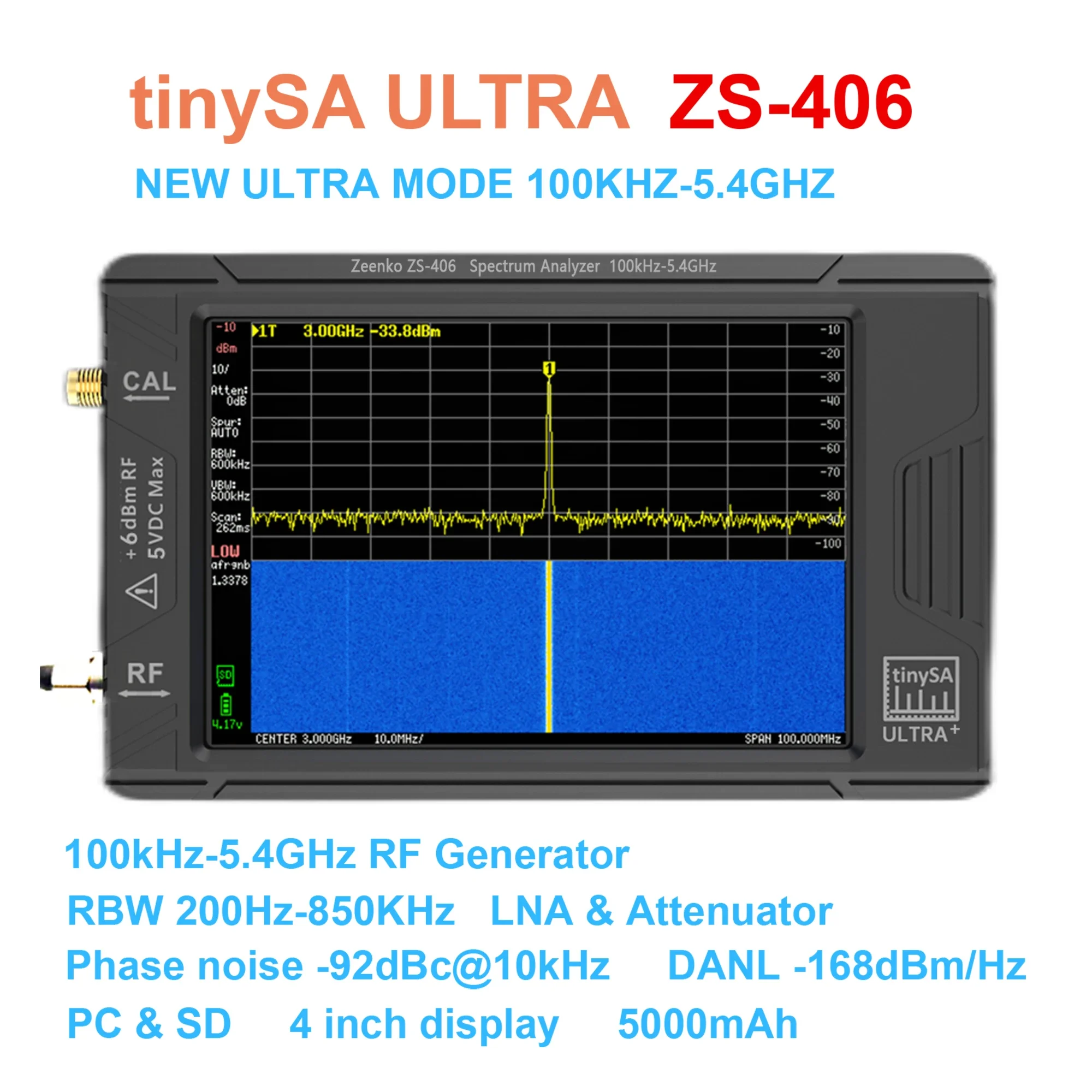 Neuester Original TinySA ULTRA Plus ZS-406 Handheld Tiny Spectrum Analysator TinySA 3,95 Zoll Touchscreen mit eingebauter Batterie Image