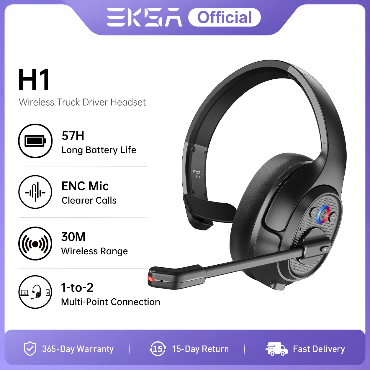 EKSA H1 Bluetooth 5.0 Kabellose Kopfhörer Headset mit Mikrofon ENC Geräuschunterdrückung für Callcenter, Büro, LKW-Fahrer, 57 Stunden Spielzeit, 40mm Over-Ear
