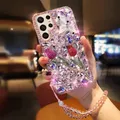 3D Schmetterling Bling Rose Diamant Kette Telefon Fall Für Samsung S23 S22 S21 S20 Plus + Ultra FE