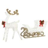 48" White Sisal Reindeer Pulling 38"Sleigh with Red Bow and 140 Cool White LED Lights - 48 in