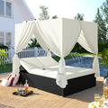 Outdoor Patio Wicker Sunbed Daybed with Cushions and 5 Reclining Position Rattan Sun Lounger Sofa with Overhead Curtain and Retractable Canopy Canopy Porch Bed with Steel Frame for Balcony Garden