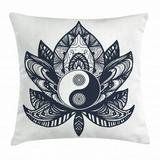 Yin Yang Throw Pillow Cushion Cover Lotus Leaf with Eastern Spiritual Symbol Monochrome Asian Religious Motif Decorative Square Accent Pillow Case 16 X 16 Inches Dark Blue White by Ambesonne