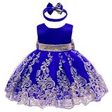 IBTOM CASTLE Lace Flower Girl Sequins Bow V-Back Tutu Dress for Kids Baby Christening Communion Birthday Party Wedding Dresses+Headwear 1-2 Years Royal Blue 01