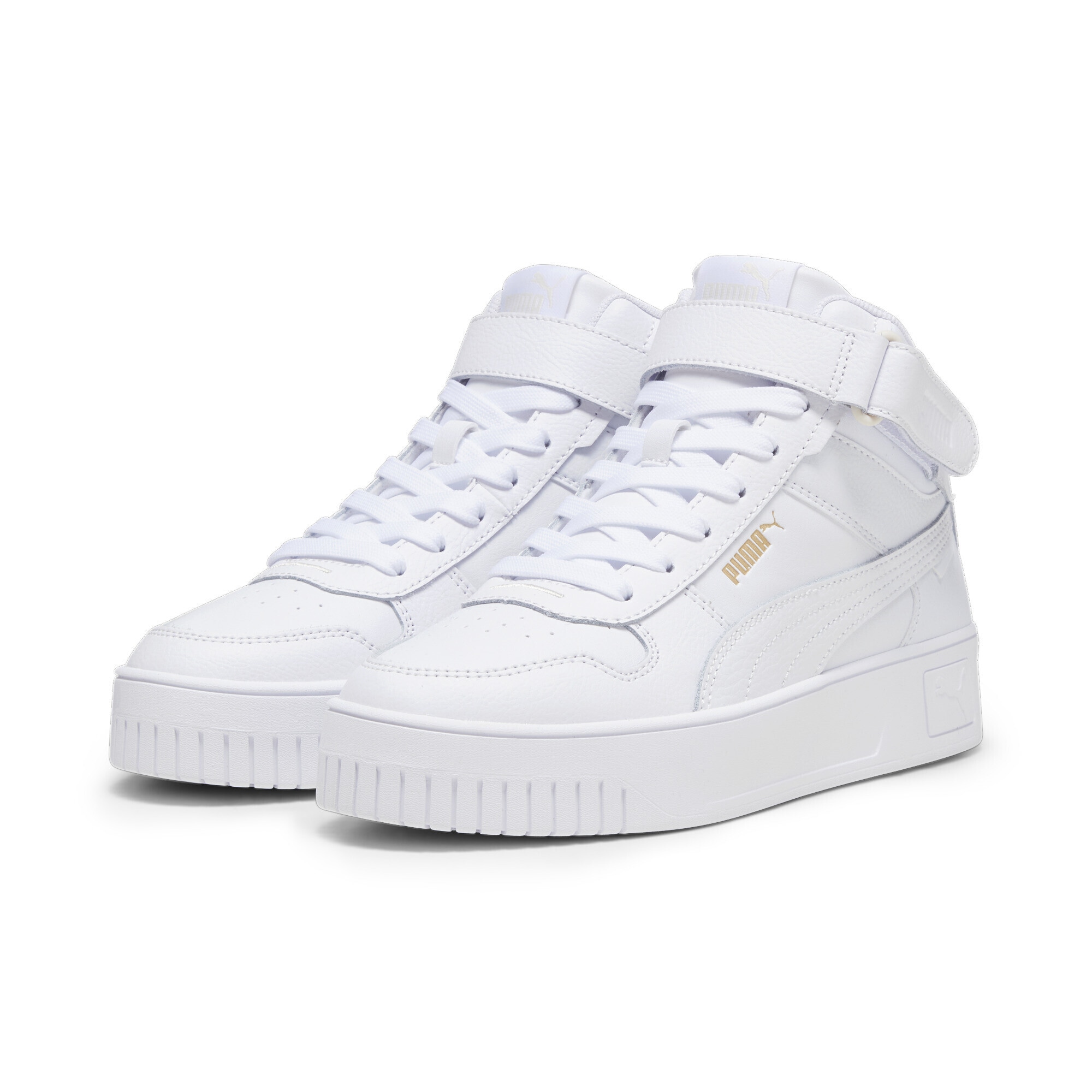 Sneaker PUMA "Carina Street Mid Sneakers Damen", Damen, Gr. 38,5, weiß (weiß gold), Obermaterial: Kuhleder, Synthetik; Futter: Textil; Innensohle: Textil; Laufsohle: Gummi, Schuhe Sneaker