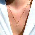 Sapphire & Tiny Cross Charm Dainty Necklace | 14K Gold Filled/Genuine Sapphire