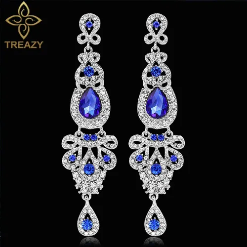 TREAZY Klar/Rot/Royal Blau Kristall Hochzeit Lange Tropfen Ohrringe für Frauen 2021 Bräute Ohrringe