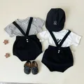 Summer Ins Newborn Girl Ribbed Solid Overalls Boy Girl Infant Casual Striped Short Sleeves T-short