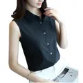 Fashion Women Sexy Turn Down Collar Blouse Sleeveless Plus Size 4XL Solid Color Shirt Elegant Casual