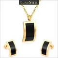 LUXUSTEEL Stainless Steel Black Shell Pendant Necklace Earrings Set Brinco Party Classic Jewelry