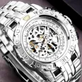 Luxury Silver Gold Automatic Mechanical Watch for Men Full Steel Skeleton Wristwatch Clock