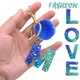 Fashion A-Z 26 Letter Keychain With Blue Pompom Heart Sequin Filled Alphabet Keyrings Name Initials