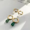 Transparent Green Natural Stone Teardrop Earrings for Women Simple Stainless Steel Gold Plated Hoops