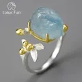 Lotus Fun 18K Gold Natural Aquamarine Gemstone Flower Adjustable Rings for Women Real 925 Sterling