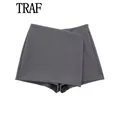 TRAF 2023 Grey Skirt Shorts High Waist Wrap Short Skirts Women Y2K Streetwear Asymmetric Skort