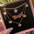 IPARAM Gold Color Silver Color Multi-layer Necklaces for Women Butterfly Letter ANGEL Pendant Thick