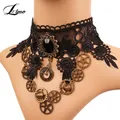 Collares Sexy Gothic Chokers Crystal gear chain Black Lace Neck Choker Necklace Vintage Women