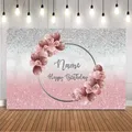 Customize Name Birthday Backdrop Sliver Glitter and Pink Background for Photo Studio Burgundy Red