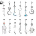 Blue Crystayl Belly Button Rings Women Dangle Surgical Steel Navel Rings Cubic Zirconia Star Moon