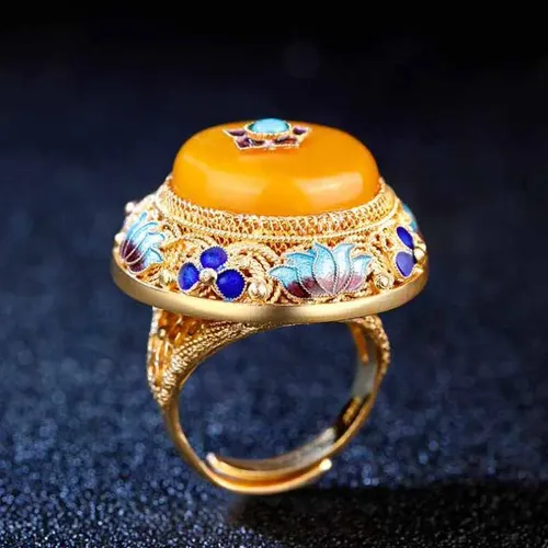 Ancient gold craftsmanship natural yellow chalcedony lotus enamel porcelain rings for women palace style luxury dinner jewelry