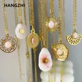 Pink Natural Stone Necklaces Gold Color Hollow Flower Irregular Water Drop Geometric Stainless Steel
