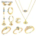 ANDYWEN 925 Sterling Silver Gold Blue Eye Zircon CZ Eye Pendant Necklace Long Choker Stud Earring