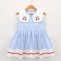 New Summer Embroidery Cherry Turn-down Collar Sleeveless Striped Dress Cotton Infant Princess Dress