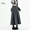 Vintage Grey Medium Length Skirts Women Spring Summer High Waist Pleated Umbrella Skirt Fashions Y2k