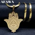 Hamsa Fatima's Hand Turkish Eye Lotus Stainless Steel Necklace for Women Men Gold Color Egypt Amulet